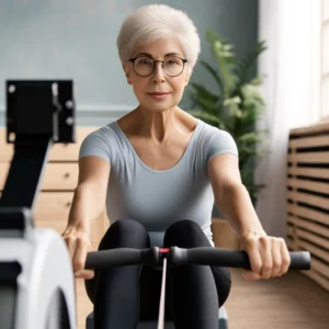 Woman on home rowing machine